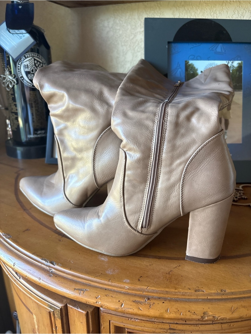 DbDk Leather Taupe Ankle Boots Embellished Heel Zip